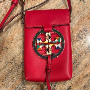 RARE! Tory Burch Red Crossbody Bag with Colorful Emblem